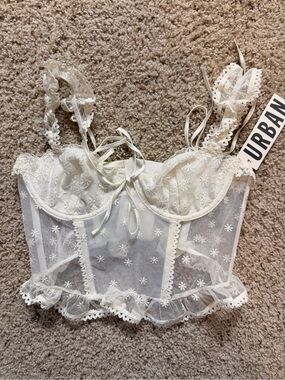 Urban Outfitters White Sheer Lace Embroidered Bustier Crop Top